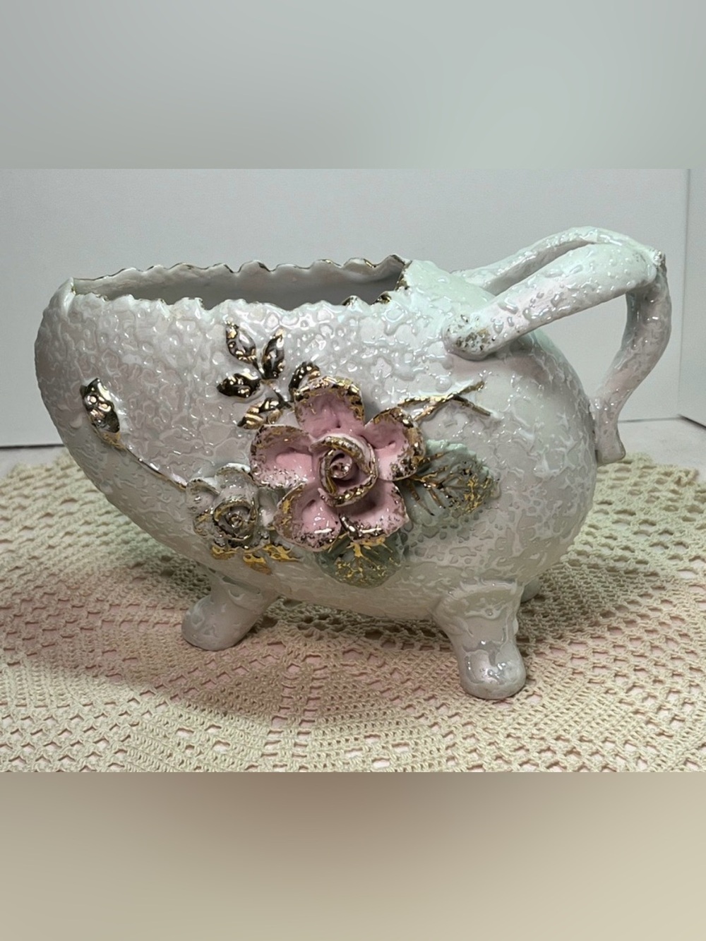Victorian Style Japanese Porcelain Rose Planter Textured Footed Vase Gold Trim
